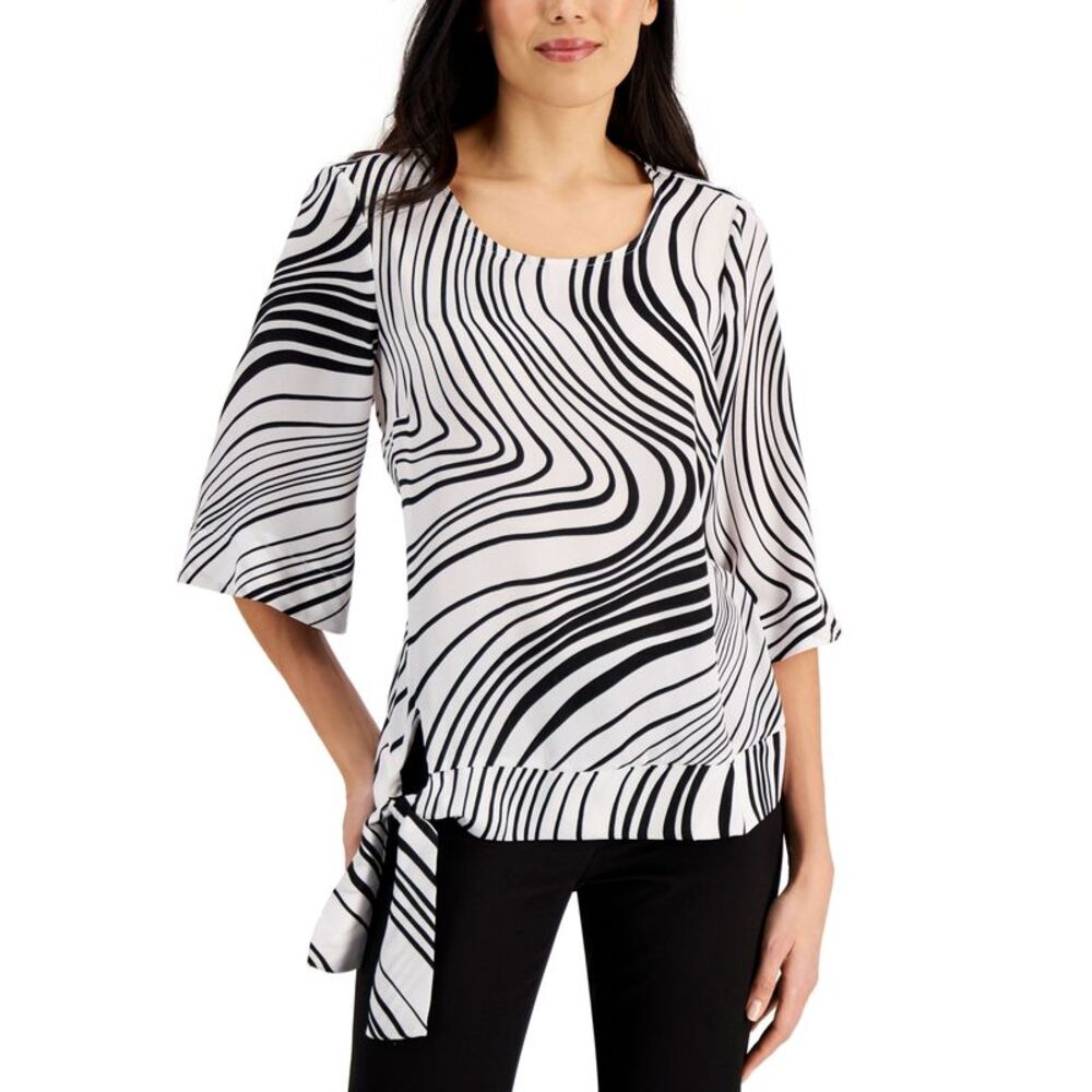 JM Collection Swirl Print Tie Hem Flare Sleeve Top